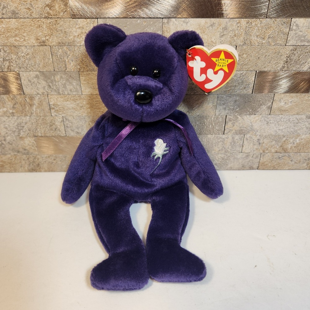 Ty Beanie Baby Princess the Bear 1997 Purple Diana Memorial White Rose Plush